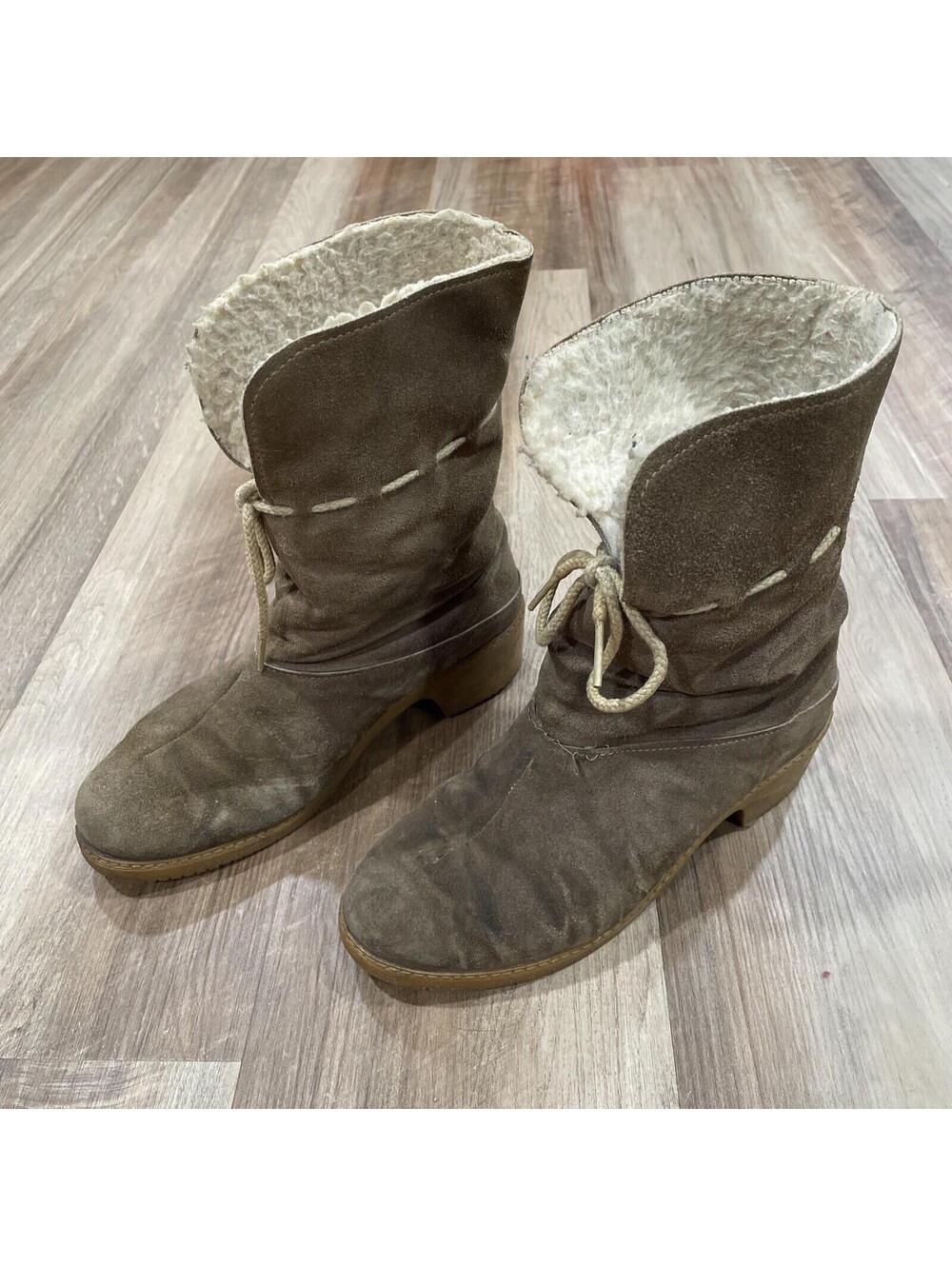VTG 70s SEARS western Leather Suede Faux Shearling Lined Boots Tie Size 8 USA